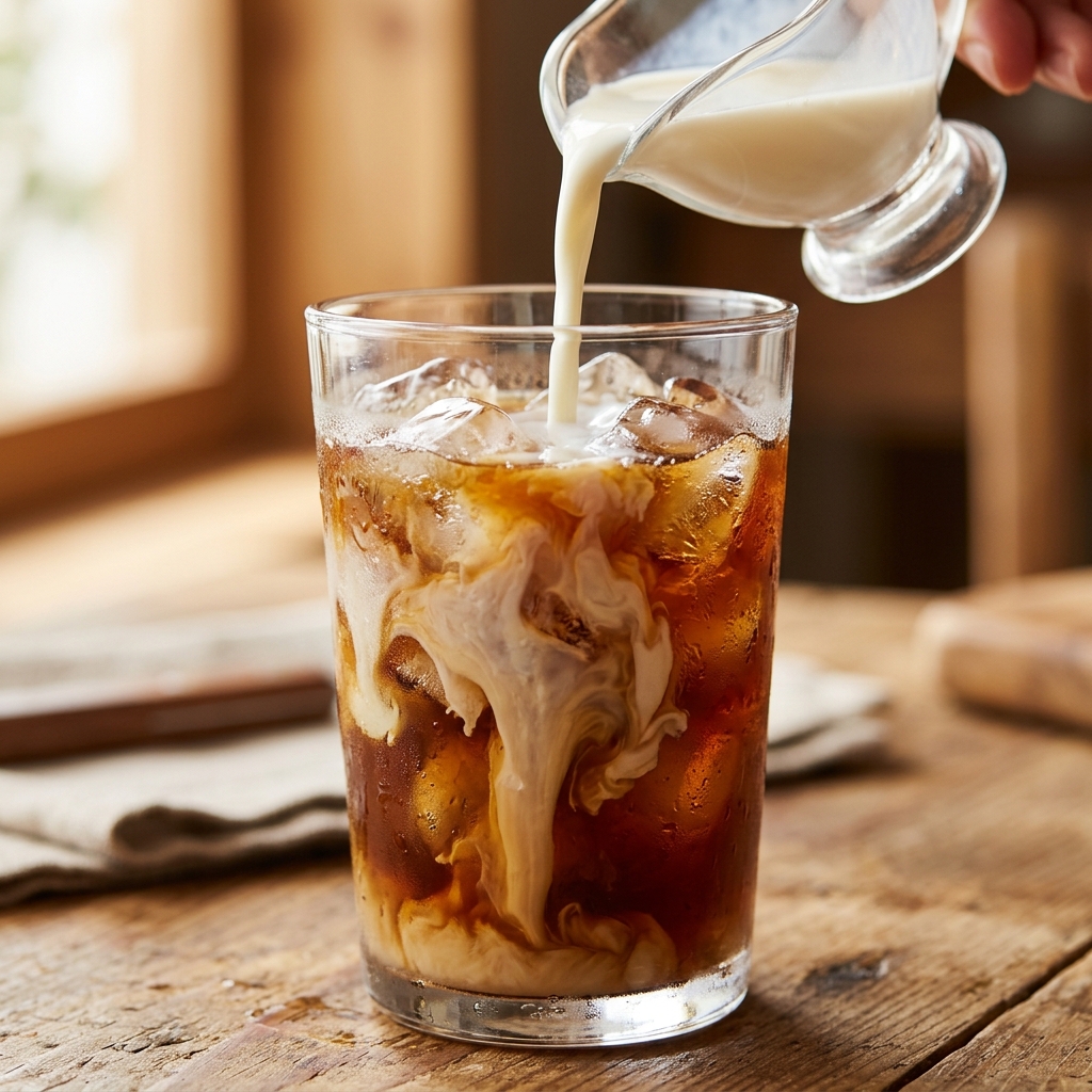 Milk pouring into iced coffee