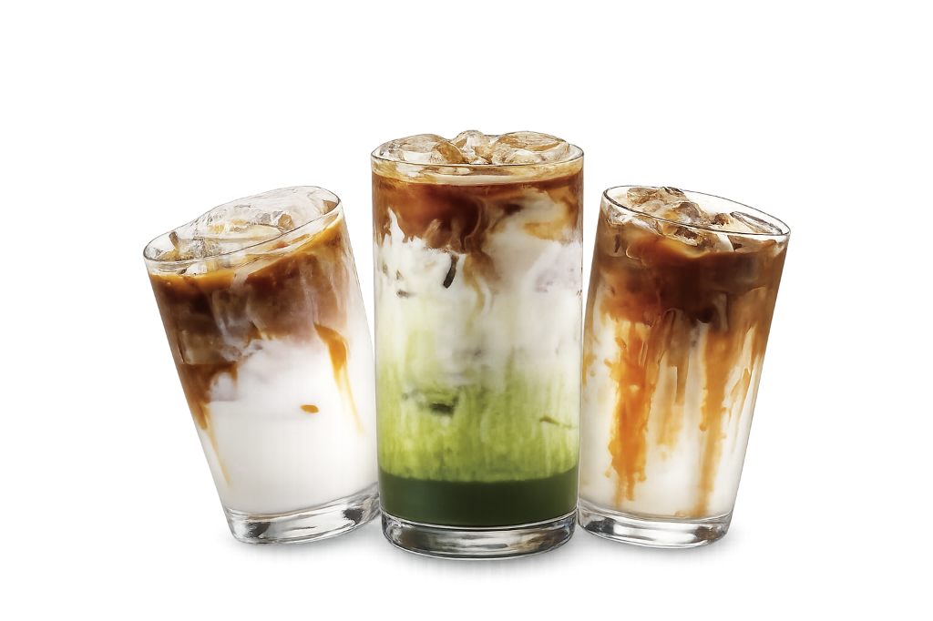 Three beautiful iced coffee drinks
